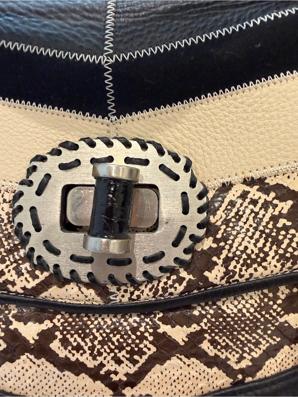 Isabella Fiore Black and Cream Python-Print Top-Handle Satchel - Picture 2 of 13